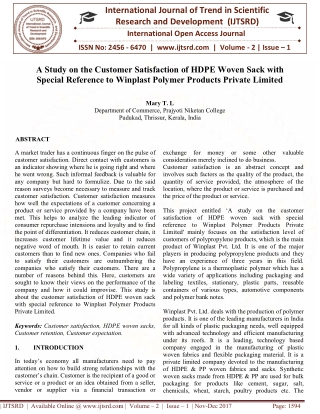 A Study on the Customer Satisfaction of HDPE Woven Sack with Special Reference to Winplast Polymer Products Private Limi