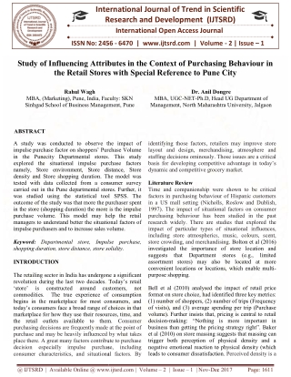 Study of Influencing Attributes in the Context of Purchasing Behaviour in the Retail Stores with Special Reference to Pu