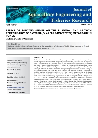 Effect of sorting sieves on the survival and growth performance of catfish (clarias gariepinus) in tarpaulin ponds