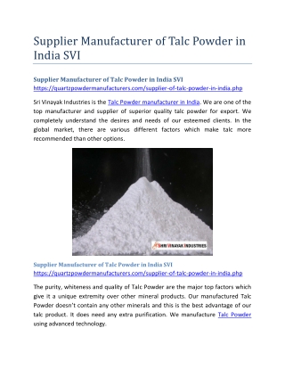 Supplier Manufacturer of Talc Powder in India SVI