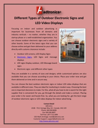 Different Types of Outdoor Electronic Signs and LED Video Displays