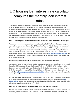 LIC housing loan interest rate calculator computes the monthly loan interest rates