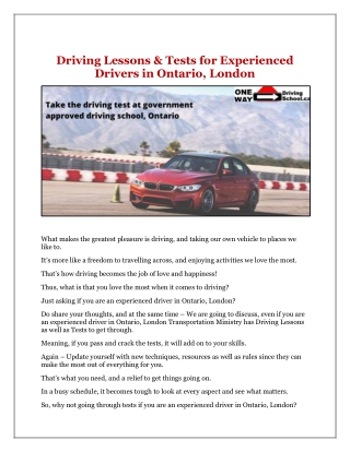 Driving Lessons & Tests for Experienced Drivers in Ontario, London