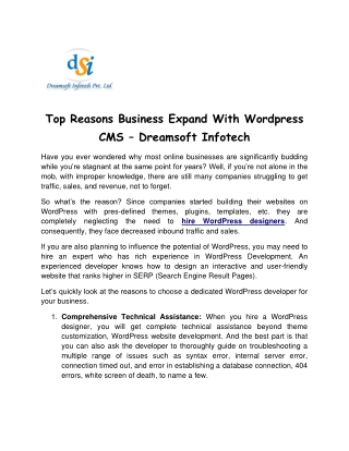 Top Reasons Business Expand With Wordpress CMS – Dreamsoft Infotech