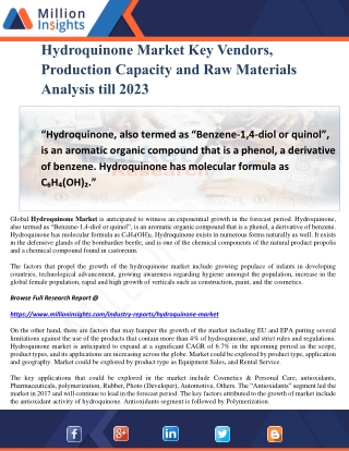 Hydroquinone Market Key Vendors, Production Capacity and Raw Materials Analysis till 2023