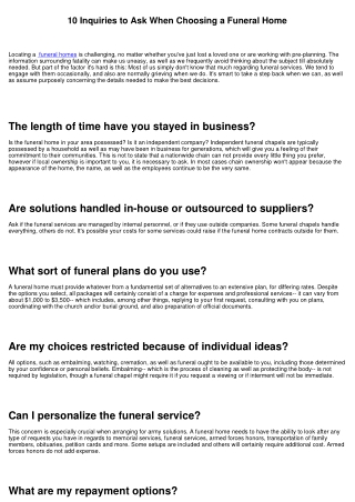 10 Inquiries to Ask When Choosing a Funeral Home