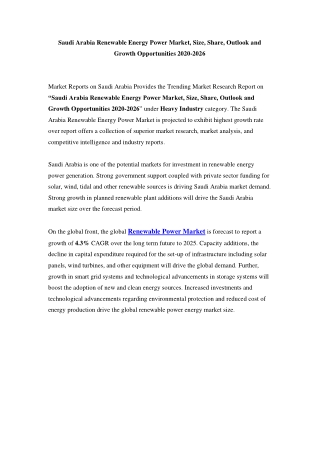 Saudi Arabia Renewable Energy Power Market: Growth, Opportunity and Forecast Till 2026