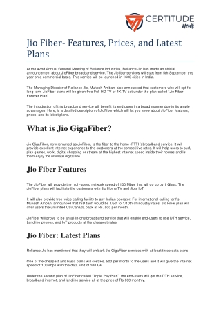 Jio Fiber- Features, Prices, and Latest Plans - Certitude News