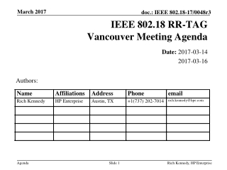 IEEE 802.18 RR-TAG Vancouver Meeting Agenda