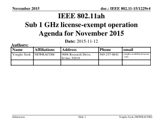 IEEE 802.11ah Sub 1 GHz license-exempt operation Agenda for November 2015