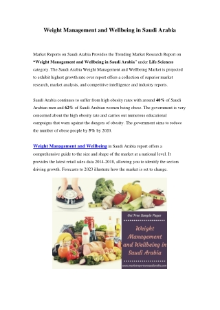 Weight Management and Wellbeing Market in Saudi Arabia - Outlook to 2020