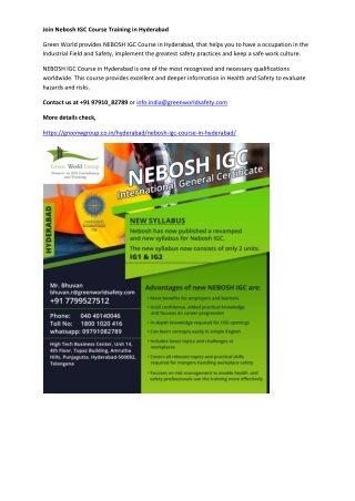 Join Nebosh IGC Course Training in Hyderabad