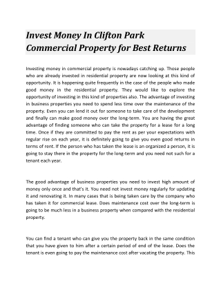 Invest Money In Clifton Park Commercial Property for Best Returns