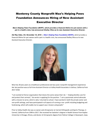 Monterey County Nonprofit Max’s Helping Paws Foundation Announces Hiring of New Assistant Executive Director