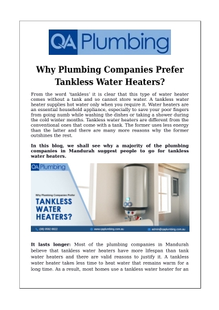 Why Plumbing Companies Prefer Tankless Water Heaters?