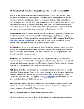 What are the top 5 Bank Fixed Deposit Interest Rate to look out for in 2019?