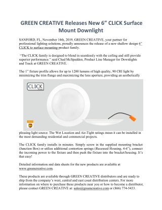 GREEN CREATIVE Releases New 6” CLICK Surface Mount Downlight