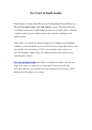 Saudi Arabia Eye Care Market: Growth, Opportunity and Forecast Till 2023