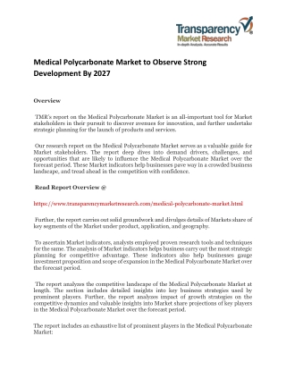 Medical Polycarbonate Market to Observe Strong Development By 2027