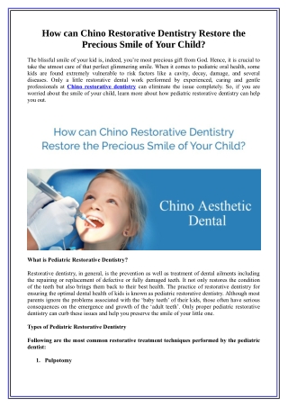 How can Chino Restorative Dentistry Restore the Precious Smile of Your Child?