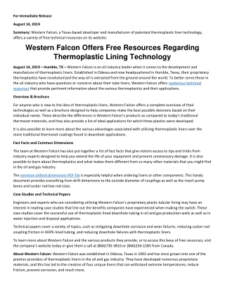 Western Falcon Offers Free Resources Regarding Thermoplastic Lining Technology