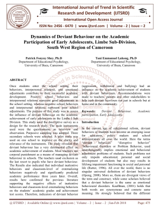 Dynamics of Deviant Behaviour on the Academic Participation of Early Adolescents, Limbe Sub Division, South West Region