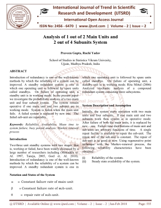 Analysis of 1 out of 2 Main Units and 2 out of 4 Subunits System