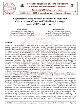 Experimental Study on Heat Transfer and Fluid Flow Characteristcs of Shell and Tube Heat Exchanger using hiTRAN Wire Ins