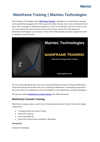 Mainframe Training | Mainframe Online Training | Maintec Technologies
