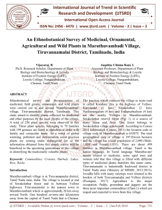 An Ethnobotanical Survey of Medicinal, Ornamental, Agricultural and Wild Plants in Maruthuvambadi Village, Tiruvannamala