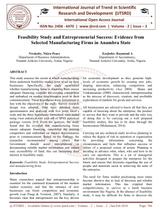 Feasibility Study and Entrepreneurial Success Evidence from Selected Manufacturing Firms in Anambra State