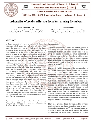 Adsorption of Acidic pollutants from Water using Biosorbents