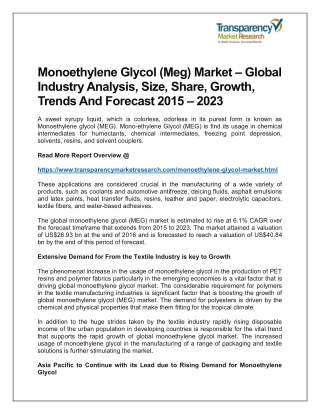 Monoethylene Glycol (Meg) Market – Global Industry Analysis, Size, Share, Growth, Trends And Forecast 2015 – 2023