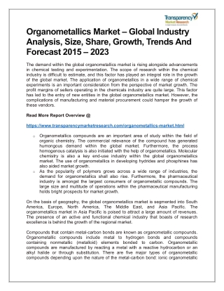 Organometallics Market – Global Industry Analysis, Size, Share, Growth, Trends And Forecast 2015 – 2023