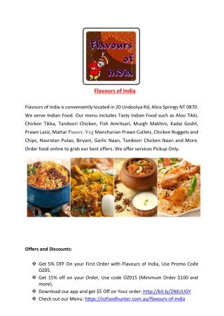 5% Off - Flavours of India - Indian restaurant Menu in Alice Springs NA