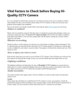 Vital Factors to Check before Buying Hi-Quality CCTV Camera