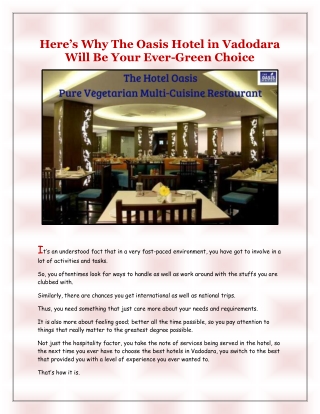 Here’s Why The Oasis Hotel in Vadodara Will Be Your Ever-Green Choice