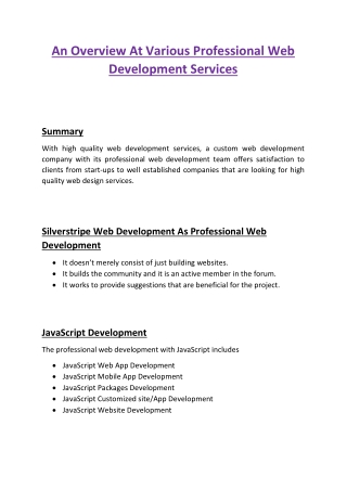 An Overview At Various Professional Web Development Services