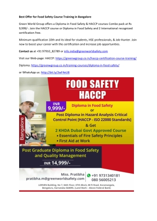 Best Offer for Food Safety Course Training in Bangalore