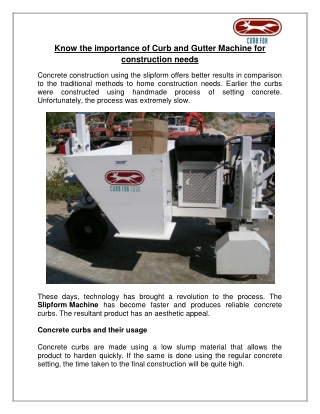 Know the importance of Curb and Gutter Machine for construction needs