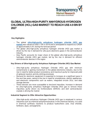 GLOBAL ULTRA-HIGH-PURITY ANHYDROUS HYDROGEN CHLORIDE (HCL) GAS MARKET TO REACH US$ 4.9 BN BY 2027