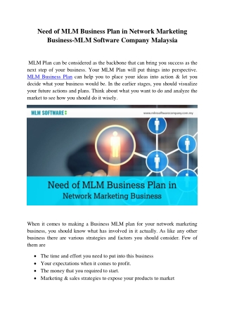 Need of MLM Business Plan in Network Marketing Business-MLM Software Company Malaysia