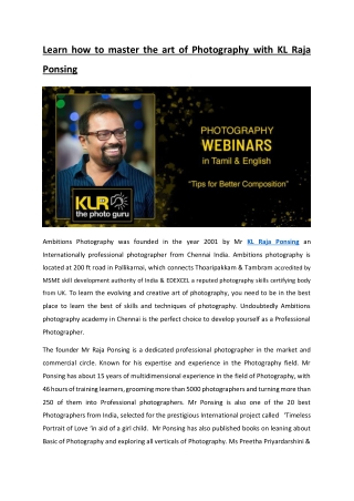 Learn how to master the art of Photography with KL Raja Ponsing