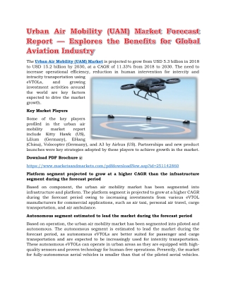 Urban Air Mobility (UAM) Market Forecast Report — Explores the Benefits for Global Aviation Industry