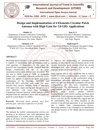 Design and Implementation of 4 Elements Circular Patch Antenna with High Gain for 3.0 GHz Applications