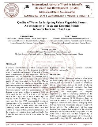 Quality of Water for Irrigating Urban Vegetable Farms An assessment of Toxic and Essential Metals in Water from an Urban