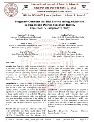 Pregnancy Outcomes and Risk Factors among Adolescents in Buea Health District, Southwest Region, Cameroon A Comparative