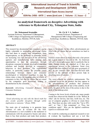 An analytical framework on deceptive Advertising with reference to Hyderabad City, Telangana State, India