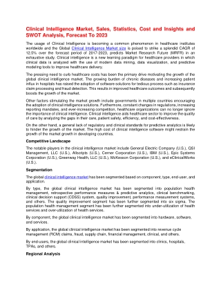 Clinical Intelligence Market, Sales, Statistics, Cost and Insights and SWOT Analysis, Forecast To 2023