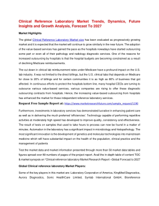 Clinical Reference Laboratory Market Trends, Dynamics, Future Insights and Growth Analysis, Forecast To 2027
